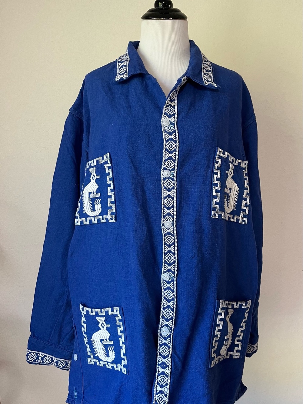 VTg Ceve Guatemalan Embroidered Shirt Bird M/L Blue 60s 70s Unisex Aztec Womens